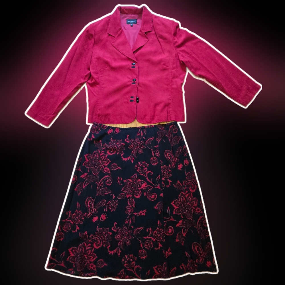 Size 18 Matching Red Blazer and Floral Skirt Set